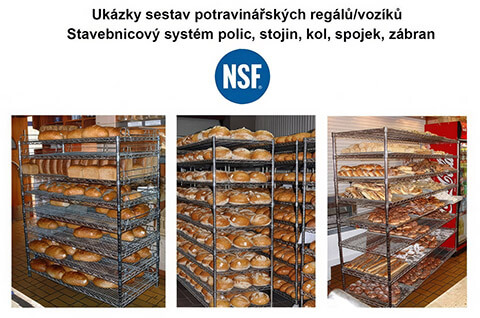 Chrómované potravinové regály NSF v pekárně — drátěné police s chlebem a pečivem, přehled různých sestav a rozměrů